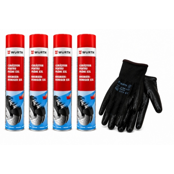 Set Spray-uri curatitoare frane Wurth Xxl 4 x 750ml, 4 bucati + o pereche de manusi