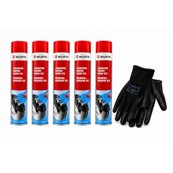 Set Spray-uri curatitoare frane Wurth Xxl 5 x 750ml, 5 bucati + o pereche de manusi